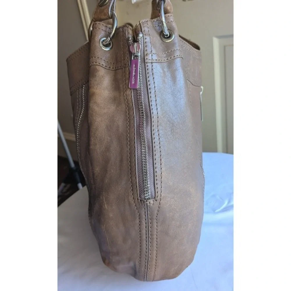 Michael Kors Hobo Shoulder Bag Side Expandable Zippers Distressed Leather Beige